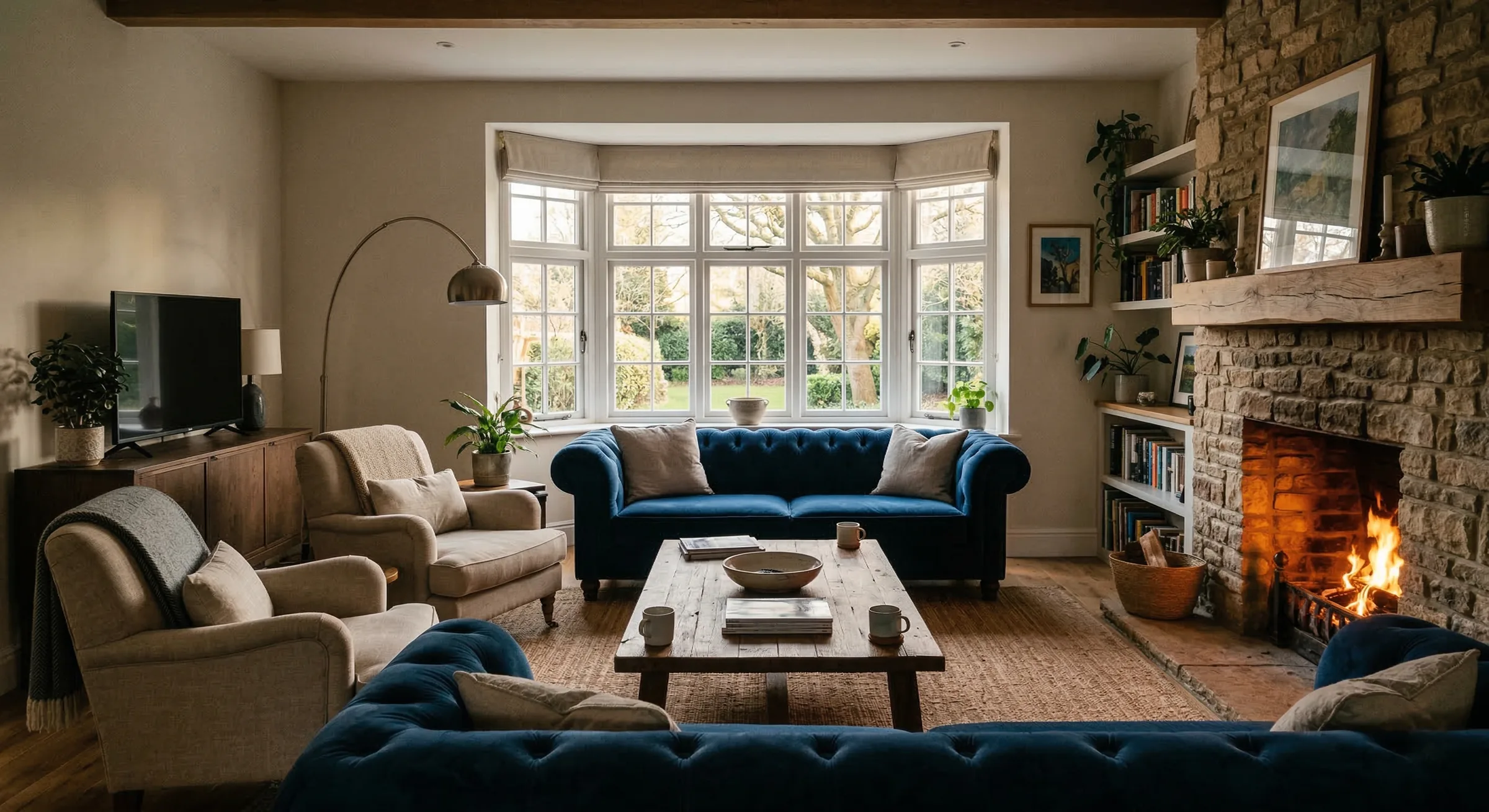 A well-planned living room layout where the conversational seating arrangement is oriented toward a beautiful stone fireplace and a large bay window. Two blue tufted velvet sofas and beige armchairs face a rustic coffee table, while the television is placed secondary on a wooden side console to the left, rather than acting as the main focal point.