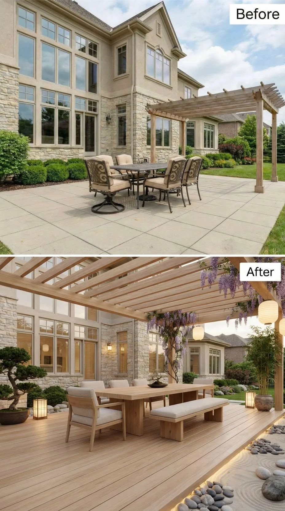 Before and After Patio Makeover: A Decozie Budget Friendly Interior Designer's Project A high-resolution Before and After photograph showing a standard stone house patio's dramatic conversion into a curated, Wabi-Sabi inspired outdoor retreat. The top portion (Before) features standard paving stones, basic metal furniture, and a simple pergola. The bottom portion (After) showcases a complete renovation by Decozie, featuring a new elevated wooden deck, modern minimalist wooden dining furniture, integrated under-deck lighting, bonsai plants, zen gravel gardens, and a wisteria-covered pergola with hanging paper lanterns. This visual demonstrates the significant impact of budget friendly interior designer choices made through an online interior design service.