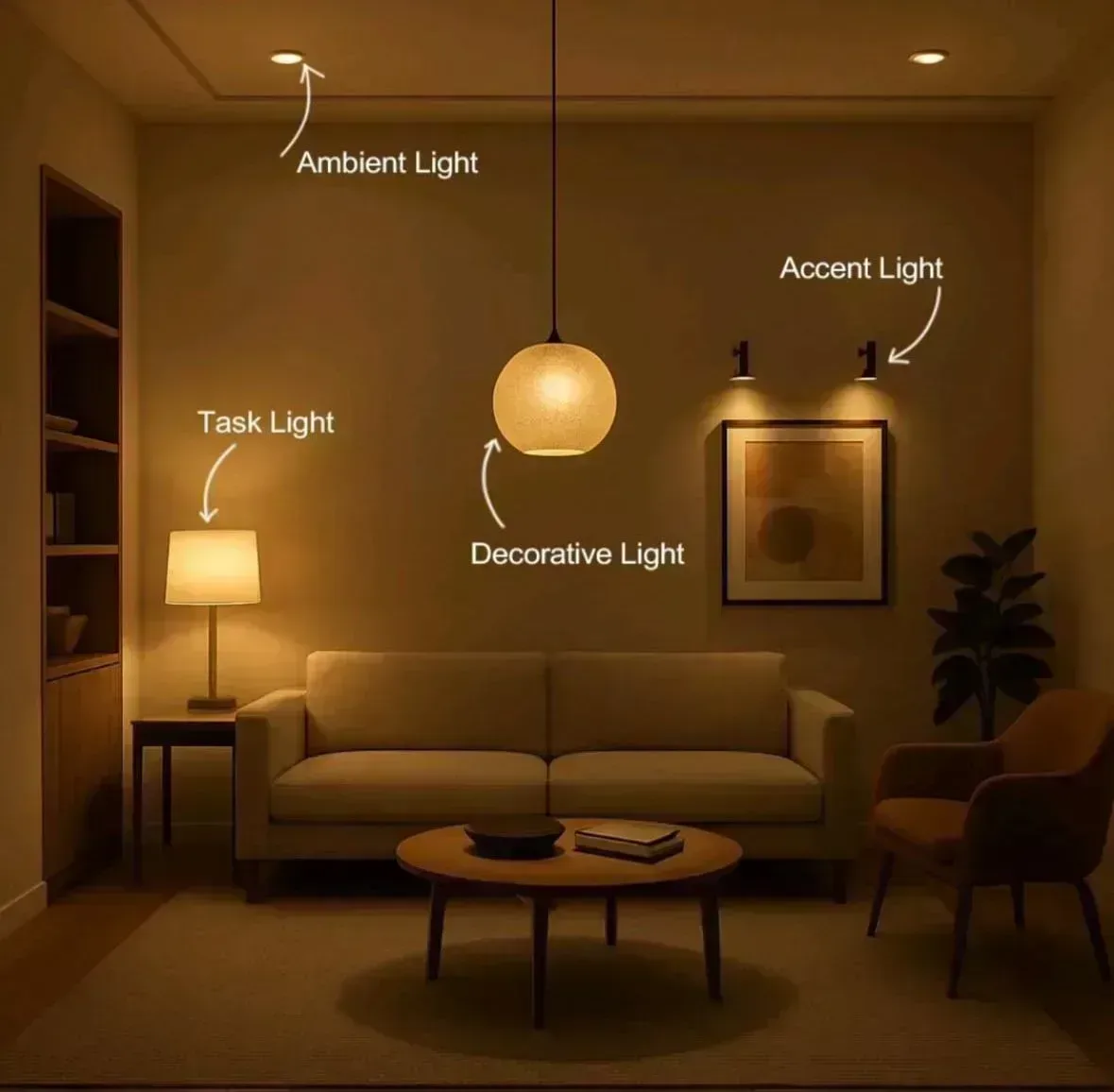 Layered lighting diagram showing ambient, task, decorative, and accent lights to create a high-end affordable interior design look.