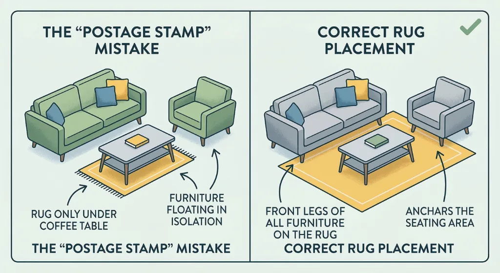 An educational graphic comparing incorrect and correct living room rug placement. The left panel illustrates the "Postage Stamp" mistake, showing a small rug placed only under the coffee table, leaving the sofa and armchair floating in isolation. The right panel demonstrates correct rug placement, where a large rug sits under the front legs of both the sofa and armchair, properly anchoring the entire seating area.