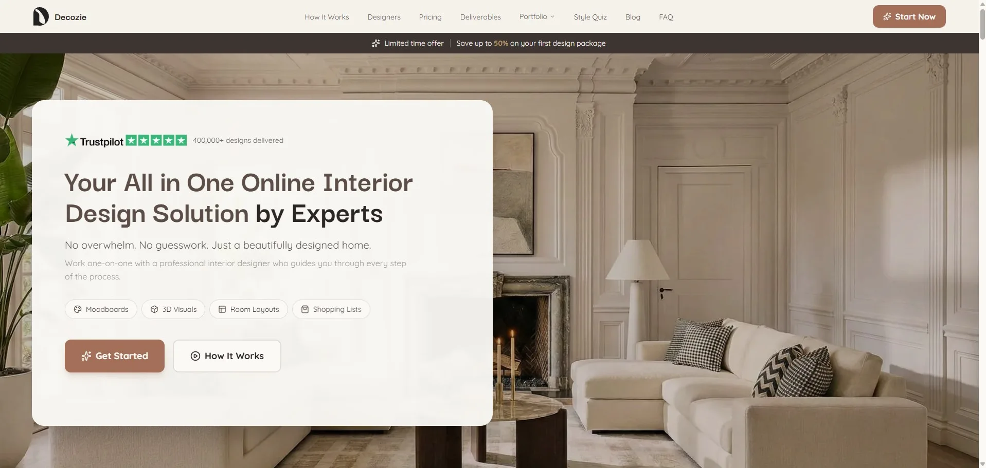 Decozie online interior design service landing page with a modern classic living room visual and professional design tools.