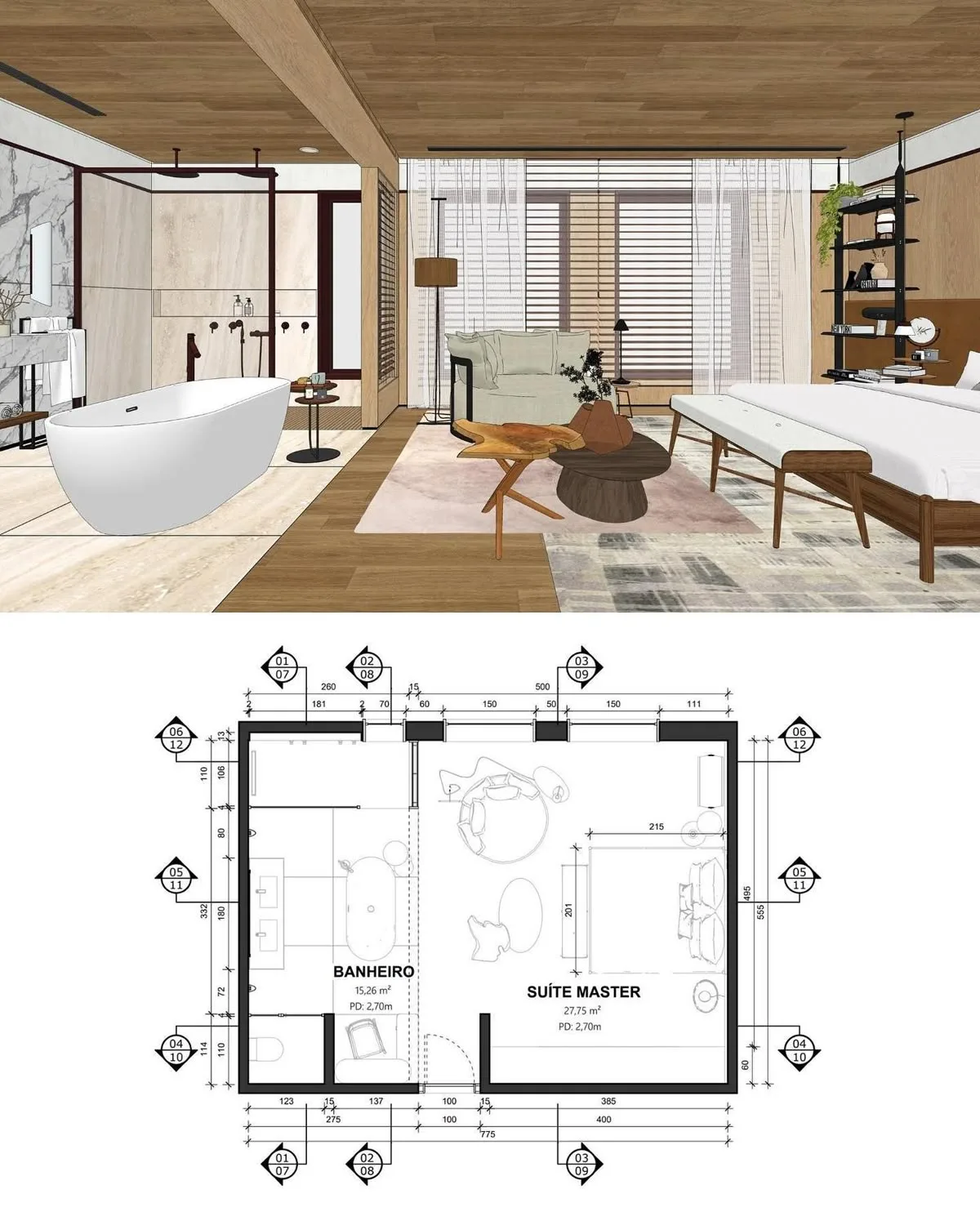 A split image showing a realistic 3D visualization of a modern master bedroom and bathroom suite on top, and its corresponding detailed 2D architectural floor plan on the bottom.