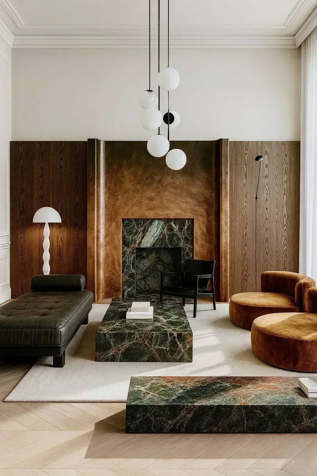 Sophisticated living room design featuring a striking green marble fireplace and matching coffee tables, complemented by rich wood paneling, amber velvet seating, and a modern globe pendant light for a high-end affordable interior design look.