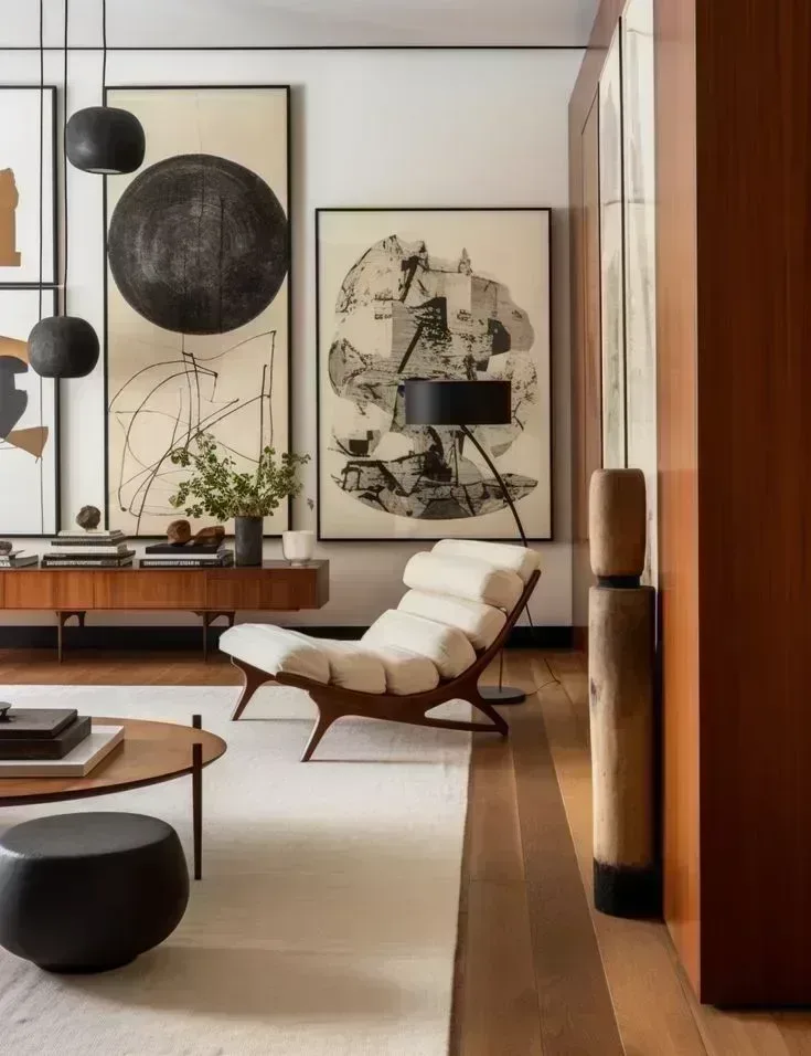 Curated living room interior featuring a sculptural white lounge chair, oversized abstract black and white wall art, and a minimalist floating wooden credenza to achieve a high-end affordable interior design look.