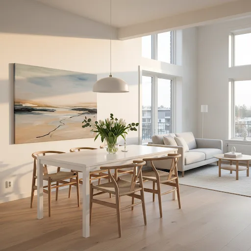 Scandi dining zone styled with affordable wall art for cohesive interior design.