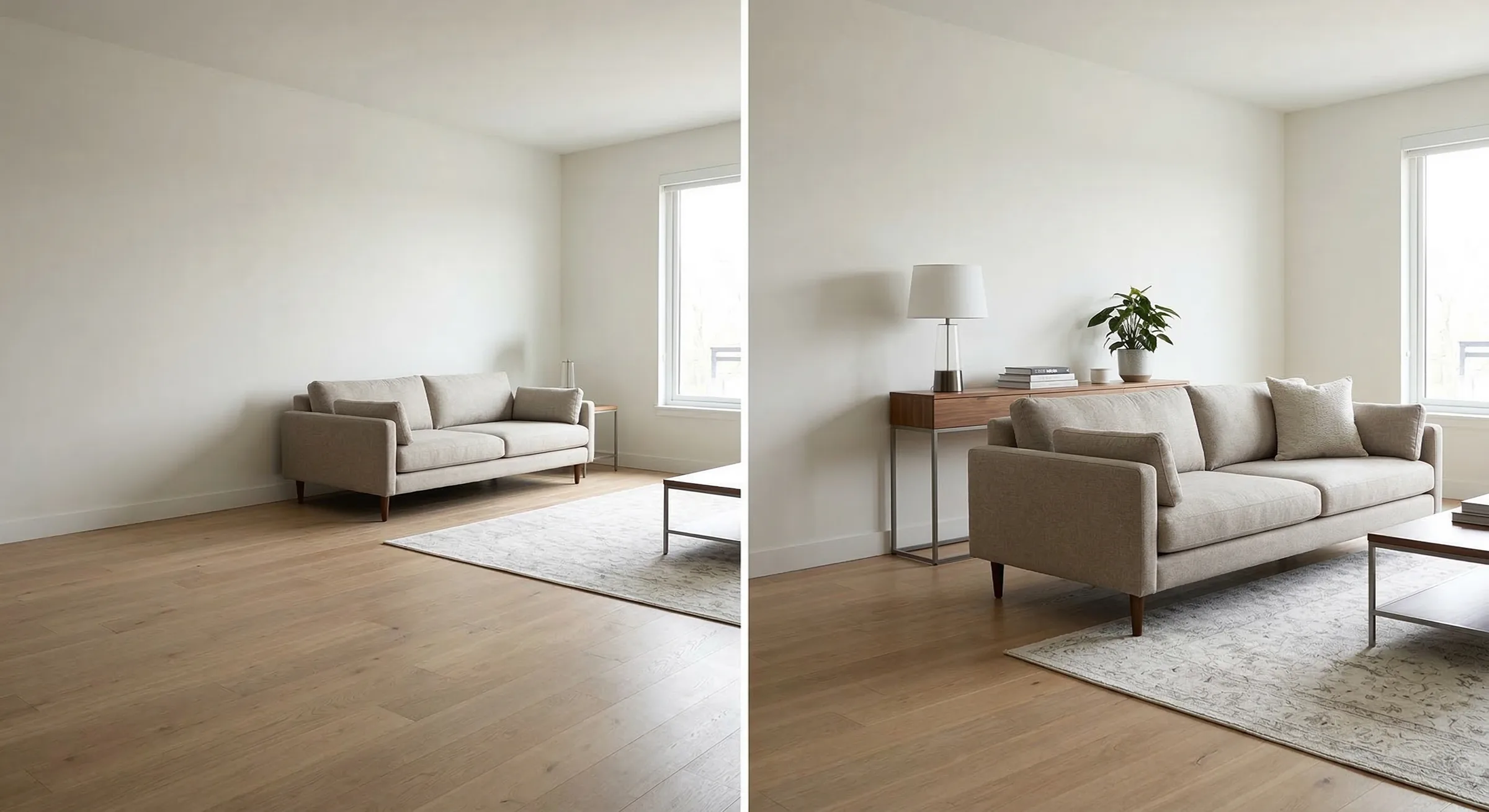 A side-by-side comparison of living room furniture placement. The left image shows a beige sofa pushed flat against a bare white wall, creating empty dead space. The right image demonstrates the float technique: the sofa is pulled forward into the room with a styled wooden console table and lamp placed directly behind it, resulting in a cozier, well-proportioned seating area.